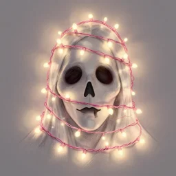 pink string christmas tree lights wrapped around a haunted face, sketch illustration, disney concept art, soft glow, dappled light, portrait art, backlit, indie studio, fantasy, rim lighting, intense, powerful, emotional, powerful, epic composition, noise, texture, rule of thirds, dappled light,
