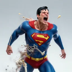 painful Superman >yelling<<<< crazy insane, skeleton erupting out of body