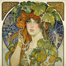 an insanely detailed oil painting of a woman, intricate detailed leaves, spiderweb, mycelia, fantasy, hyper detailed, colorfull, intense colors, concept art, by greg rutkowski, by alphonse mucha, by moebius
