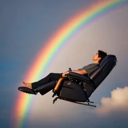 person receiving acupuncture treatment in a recliner chair floating in the sky, beautiful, rainbows, dramatic lighting