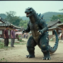 a film still of a north korean film noir, kaiju - eiga monster and traditional village, video compression, ripple effect