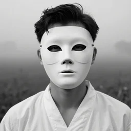 Extreme Close-Up (ECU) vintage black and white portrait photo of a young man dressing in white robes wearing white masks in the field, cinematic lighting, cinematic composition, cinematic atmosphere, misty foggy. Vogue photography Sigma 85mm f/5-6.3 lens, portrait winning photograph.