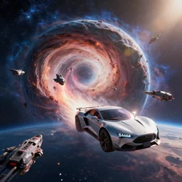 Futuristic-looking car floating in the space around the planet Xenos in the nebula of Orion with space anomaly in the shape of a huge wormhole that spits out multiple enemy spaceships flying towards the car in the style of sci-fi movie. Hyperrealism, super realism, realistic photo, ambient, vibrant colors, sun rays, lens flares, 1920x1080, unreal engine 5, artstation, rendered by octane.