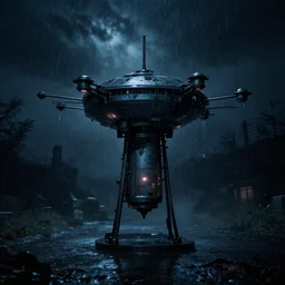 teleportation machine in a dark and stormy night, with the feeling of being in the middle of a horror movie