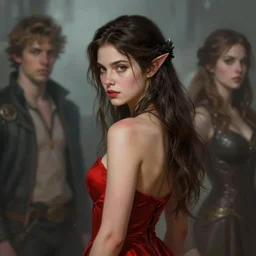 brunette fairy woman, wearing red strapless dress, d & d, fantasy, highly detailed, digital painting, trending on artstation, concept art, sharp focus, illustration, art by artgerm and greg rutkowski and magali villeneuve, over the shoulder point of view