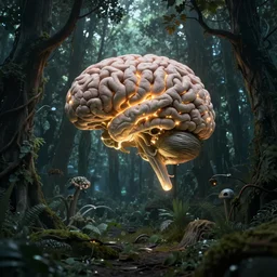a weird magical forest with a giant glowing brain growing in the center. Highly detailed. 8k. Fantasy horror.