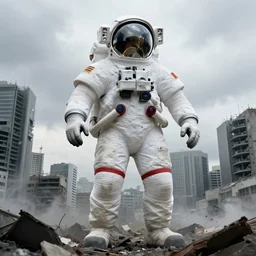 giant american spacesuit astronaut in postapocalyptic tokio, overcast, by steve mccurry