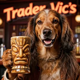 a closeup photorealistic photograph of happy snoop dogg at trader vic's bar holding a tiki mug that features his face. brightly lit scene. this 4 k hd image is trending on artstation, featured on behance, well - rendered, extra crisp, features intricate detail, epic composition and the style of unreal engine.