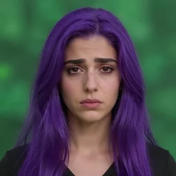portait elissar zakaria khoury lebanese artist, centred, sadness look, long purple hair, hd, unreal engine, final fantasy style amazing green background theme