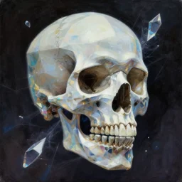 an epic fantastic realism comic book style painting of a skull shaped glassine fractal dichroic shard geometry low poly dreamland, dynamic lighting