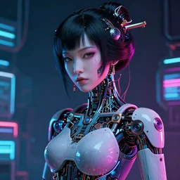 a portrait of a beautiful cyberpunk geisha robot, ghost in the shell geisha robot, by wlop, by rossdraws, by dylan kowalski, motherboard, circuitry, wires, neon lights, micro detail, octane render, sci - fi, intricate, 8 k, cgsociety