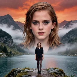 color still photo of emma watson at a mountain landscape, lake, orange red sky, fog, mist, rain, full body shot detailed, face closeup, heavy makeup on face
