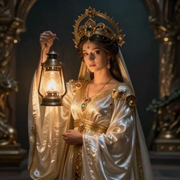 queen of the winter with her lantern, by Annie Swynnerton and Nicholas Roerich and jean delville, dramatic cinematic lighting , ornate headdress , flowing robes, lost civilizations, smooth, sharp focus, extremely detailed