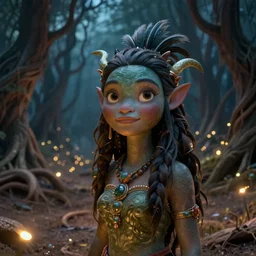 a stunning ultra detailed fantasy fine art closeup photo of te fiti in a barren sinuous forest surrounded by fireflies, by tomasz alen kopera and anna dittman, night, very detailed, deep depth of field, 3 5 mm lens, soft lighting, artstation, highly coherent, 8 k
