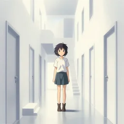 an acidic beautiful slimegirl woman in a bright white hallway with many doors and many stairs, Mc Escher architecture, epic composition, by Makoto Shinkai