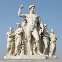 long shot photo of a soapstone Art Deco statue of ancient greek religion god Pan, sculped by Paul Landowski,Jean Dupas, Tamara de Lempicka, Reginald Marsh, Rockwell Kent, and Diego Rivera,long shot,wide shot,low angle,Sigma 85 mm f/1.4,very detailed,unreal-engine,Faunus
