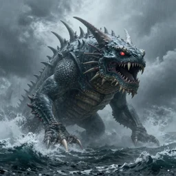 A highly detailed matte painting of a massive sea devil rising from a stormy sea in a storm, fog, rain, volumetric lighting, unreal engine 5 hd render, 8K resolution, trending on artstation
