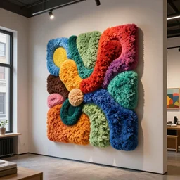: colorful abstract fuzzy sculpture art on the wall in modern architecture art studio soho new york, cinematic lighting, hyper - realistic, detailed, render by c 4 d octane, unreal engine, 8 k 3 d render