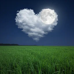 view of lush field at night with full moon, with a cloud shaped as a heart, digital art