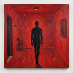 chaotic, feverish painting of a black human silhouette walking towards the camera in a room that's completely red, painted by jeremy mann and dariusz zawadzki and anders zorn, 8 k, high quality