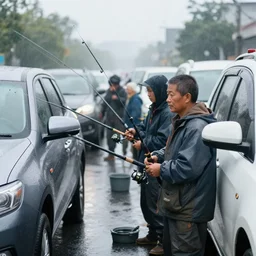 closeup portrait of a group of fishermen trying to fish with fishing rods in between car traffic in rainy new york street, by Steve McCurry and David Lazar, natural light, detailed face, CANON Eos C300, ƒ1.8, 35mm, 8K, medium-format print
