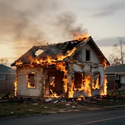 house burning down aesthetic, golden hour, bad weather, ultra hd, ultra sharp, hyper detailed, 8 k, shot on 3 5 mm film camera, smooth sharp focus, realism, tumblr aesthetic,