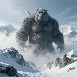 a giant monster taller than the surrounding snow capped mountains emerging from the mist, award winning photography