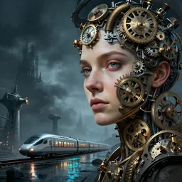 detailed face of a woman, clockwork, moment, tectonic sky, skydome, bullet train, turbines, utopian, tech noir, wet reflections, prism, atmospheric, ambient, pj crook, syd mead, livia prima, greg rutkowski, edward hopper