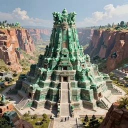 beautiful highly detailed matte painting of an intricate mayan futuristic brutalist jade ancient temple in a valley surrounded by canyons by Jose Daniel Cabrera Pena and Leonid Kozienko, Noah Bradley concept art