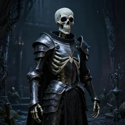 Realistic cinematic of a dark crypt scene with a living skeleton in armor, highly detailed, inspired by Tim Burton, Unreal Engine 4k