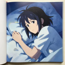 portrait of bed pilled novelai user telling qpangfire to go to bed, by makoto shinkai, by akihiko yoshida, by zdzislaw beksinski, by dariusz zawadzki, artbook, tone mapped, deep blues, shiny, soft lighting