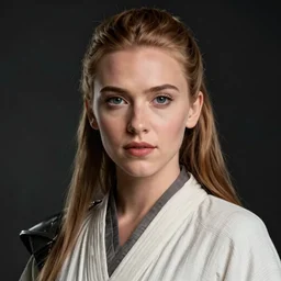 head and shoulders portrait of a female knight, jedi, young scarlett johansson, star wars, jedi robes, green lightsaber, thunderstorm, by ralph mcquarrie, face detail, sharp focus, low - key lighting, vogue fashion photo