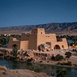 photo of a museum in a dessert on a cliff next to river with mountains, the museum is made out of rammed earth with huge rock in the front, the museum is huge and is 5 stories in height and perforations holes and curves, the museum has curve openings, trees and vegetation, night time the sky has stars and air with dusk, 8 0 k, octane,