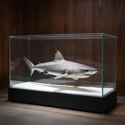 shark inside a glass rectangle box, museum display, dark wooden walls, studio lighting