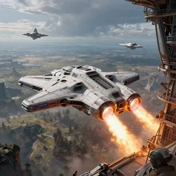 grey scifi spacecraft fired from launch platform, exhaust engine fire, landscape, alex ross, eddie mendoza, raphael lacoste, george lucas, star wars, star citizen, horizon zero dawn, sebastian ludke, concept art, matte painting, highly detailed, rule of thirds, dynamic lighting, cinematic, realism, realistic, photo real, detailed, magnificiant landscape, denoised, centerd