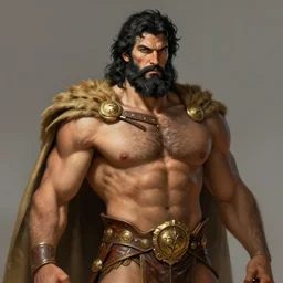 portrait of rugged hercules, god of strength, greek god, black hair and beard, masculine, mature, handsome, upper body, muscular, hairy chest, lion cape, dressed!!! leather loincloth, fantasy, intricate, elegant, highly detailed, digital painting, artstation, concept art, smooth, sharp focus, illustration, art by gaston bussiere and greg rutkowski