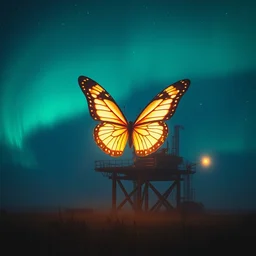 mist hazy, a giant glowing butterfly perches on an oil platform in the prairie during a night of northern lights ， by craig mullins