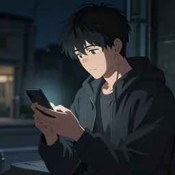man looks at his phone at night, in style of anime