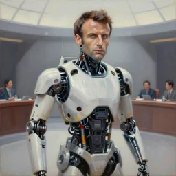 abstract painting of cyborg Emmanuel Macron in Star Wars, mechanical, sharp focus, trending on ArtStation, masterpiece, by Greg Rutkowski, by Ross Tran, by Fenghua Zhong, octane, soft render, oil on canvas, moody lighting, clean background inside the Galactic Senate