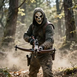 a scavenger wearing a scary mask, post - apocalyptic forest, holding crossbow, dust and grime, dust, bright, sunny, cinematic, iso 2 0 0, aperture