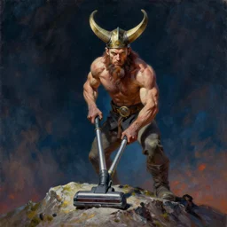 muscular viking vacuuming on the top of a mountain, 4 k, very detailed, direct gaze, oil painting, face accuracy, dramatic lighting, dark vibrant colors