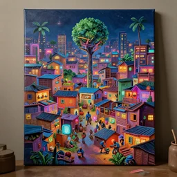 stylish - caricature - environment concept - art of a neon lit ajegunle slum in nigeria, night, photographed by vivian maier, unreal engine 3 d vfx render, digital illustration by mike winkelmann, intricate detail, sharp, volumetric light, ray tracing, soft light, colourful, claymation, acrylic on canvas, cinestill, rule of thirds,