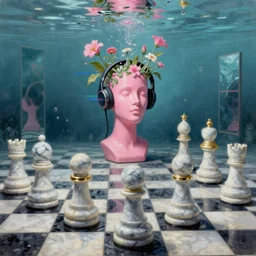 computer glitch, headphones, David Friedrich, giant marble chess pieces, gold rings, liminal space, checkered pattern, mirrors, David Friedrich, award winning masterpiece with incredible details, Zhang Kechun, a surreal vaporwave vaporwave vaporwave vaporwave vaporwave painting by Thomas Cole of an old pink mannequin head with flowers growing out, sinking underwater, highly detailed