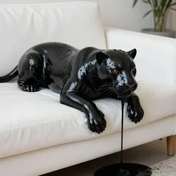 a shiny black goo covered panther, panther made of black goo, goo panther, panther made of goo, latex shiny, laying on a tar, covered white couch in a living room, dripping and drooling black goo. digital art, photography, ferrofluid