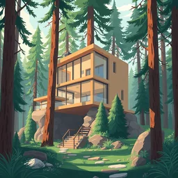 an illustration of a post - modern building in the woods, trending on artstation, central composition, very cartoon, shape focus, high detailed, by anton fadeev