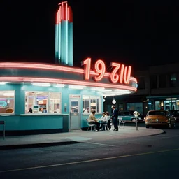 color street view in america of market district at night, diner, from 1 9 7 3, scorsese, kodachrome, fred herzog. cold. retro futurism on film