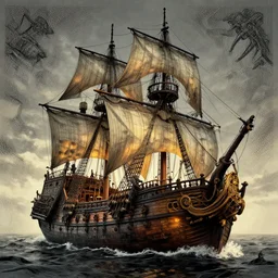 Fantasy pirate ship, Dynamic lighting, cinematic, establishing shot, extremely high detail, foto realistic, cinematic lighting, pen and ink, intricate line drawings, post processed, concept art, artstation, matte painting, style by Raphael Lacoste, Eddie Mendoza