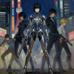 full body girl metal armor cyberpunk gun poses tokyo night beautifull face alice otsu no blur by gaston bussiere, greg rutkowski, yoji shinkawa, yoshitaka amano, tsutomu nihei, donato giancola, tim hildebrandt, oil on canvas, trending on artstation, featured on pixiv, cinematic composition, 8 k