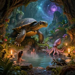 fantasy fairytale story, great hybrid, leviathan cyborg, turtle, cephalopod, reptilian, squid, terrapin, cthulhu, magical universe, cozy, hot springs, cave, forest, candlelight, natural light, lush plants and flowers, mountains, luminous stellar sky, celestial worlds, fantasy atmospheric lighting, hyper realistic, golden hour, jessica rossier, michael cheval, michael whelan, unreal engine, hd,