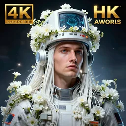 hyperrealist portrait of a 2 0 4 4 space sport engineer, it is decorated with long white wires and white flowers that fall like vines and wears a huge computer crown. by roberto ferri and alphonse mucha, fantasy art, photo realistic, dynamic lighting, artstation, poster, volumetric lighting, dramatic light, very detailed faces, clear skin, 8 k, award winning
